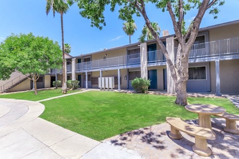 A sunny day at the apartment complex with a green lawn and trees.