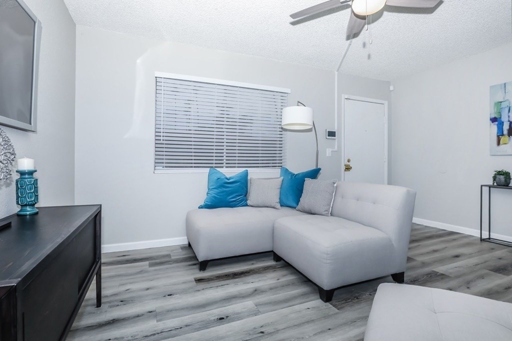 A living room with a white couch and a wooden floor.
