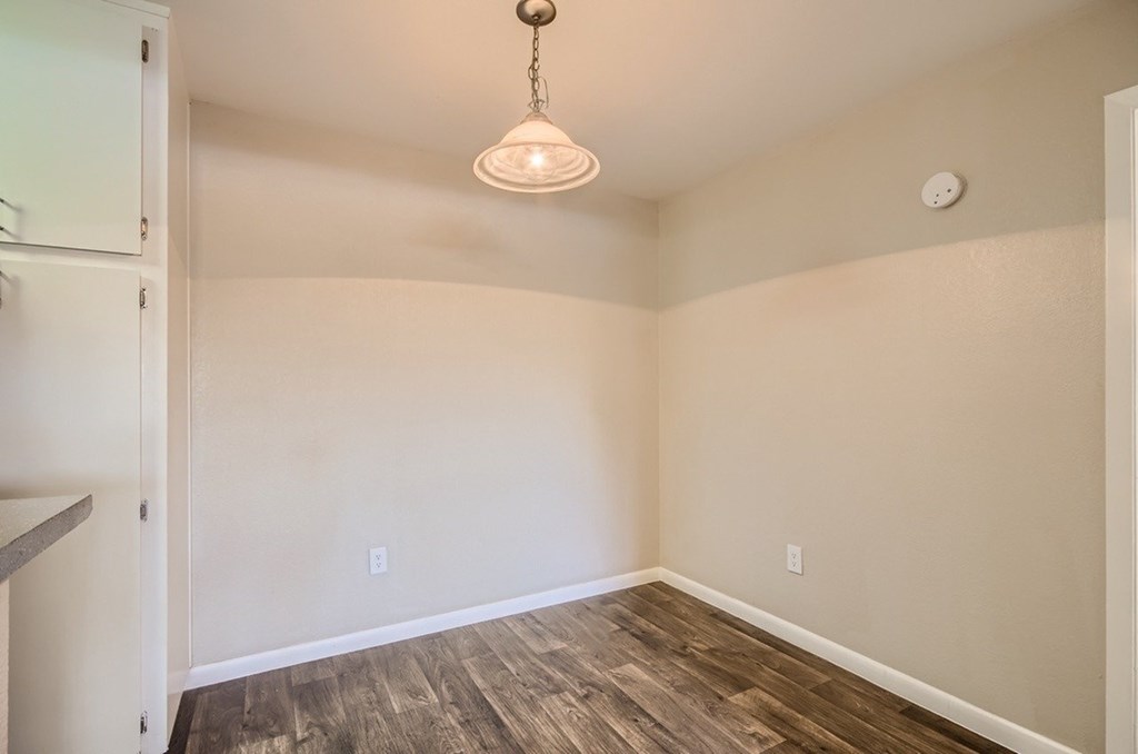 A room with a wooden floor and a light hanging from the ceiling.