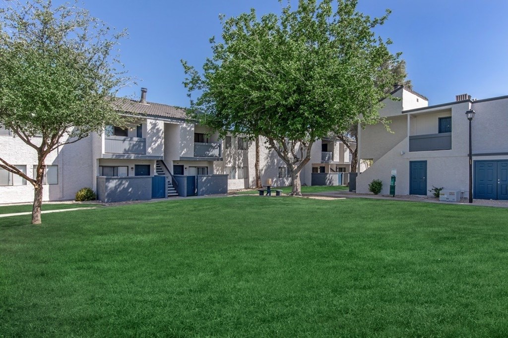 A grassy area in front of a building with a tree on the left.