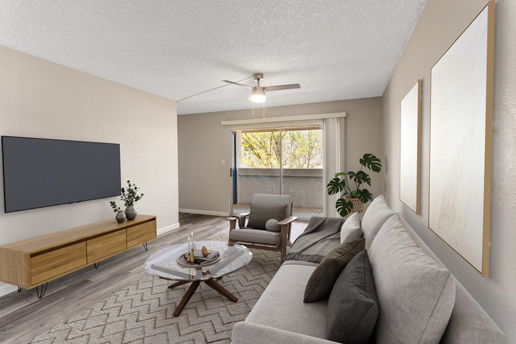 A living room with a grey couch, a coffee table, a television, and a window with a view of trees.