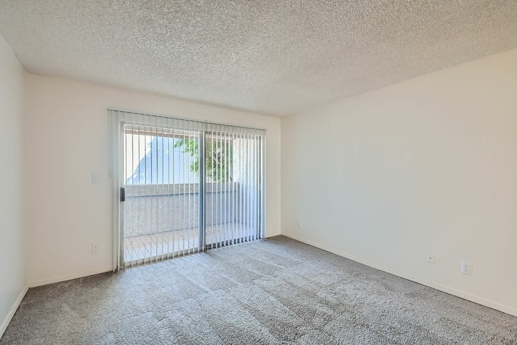 A room with a carpeted floor and a sliding glass door.