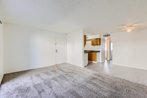 A spacious room with a carpeted floor and a ceiling fan.