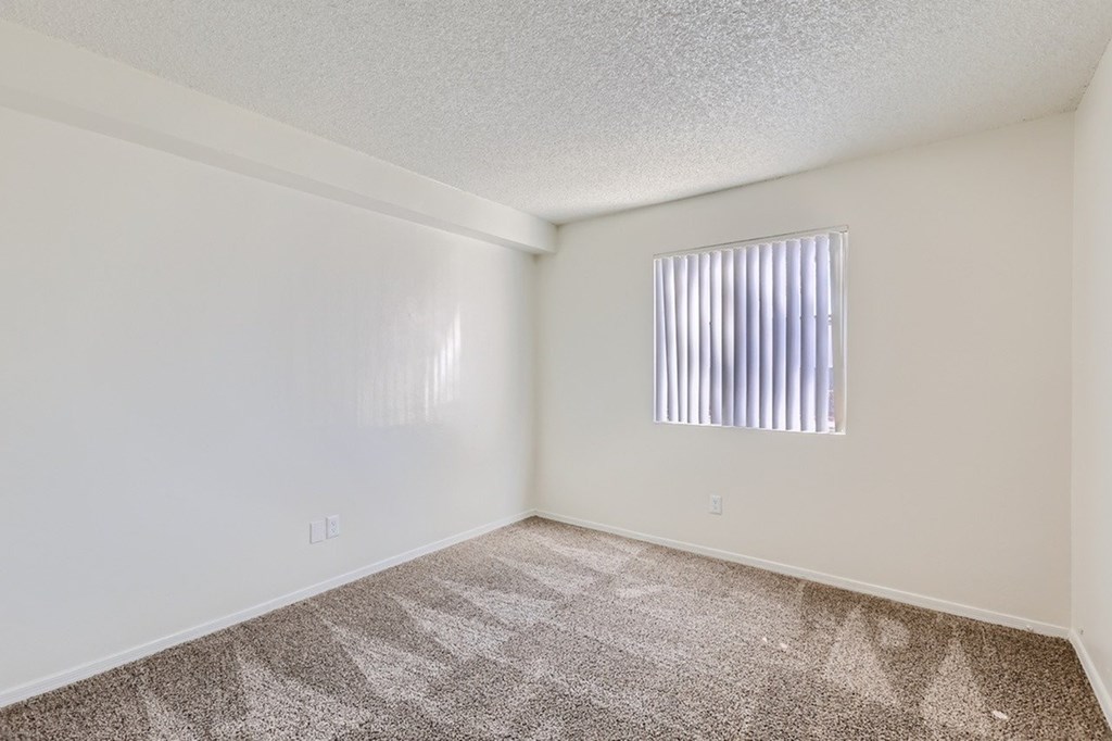 A room with a carpeted floor and a window with blinds.