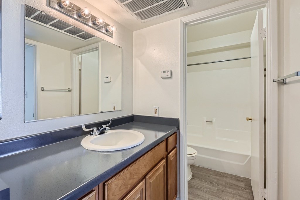A bathroom with a sink, mirror, and shower.