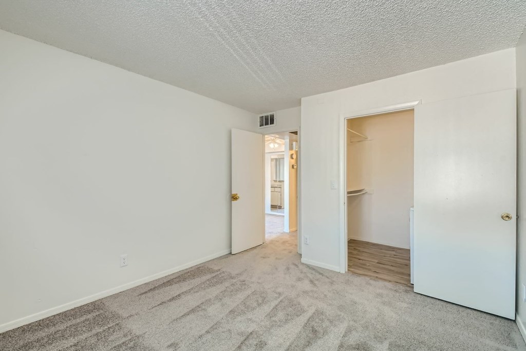 A room with a carpeted floor and two doors, one of which is open.