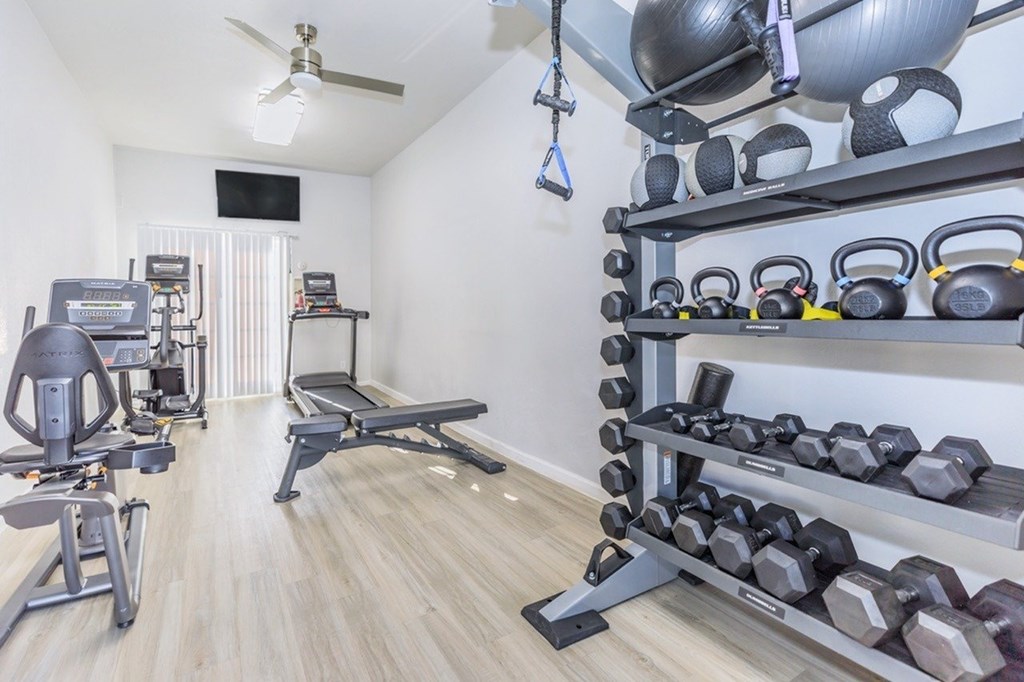 A well-equipped home gym with a variety of exercise equipment.