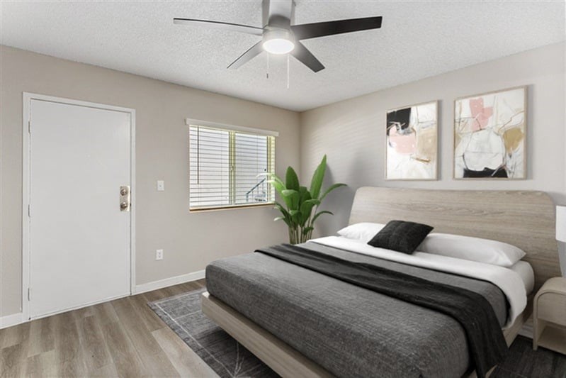 A bedroom with a bed, a ceiling fan, and a plant.