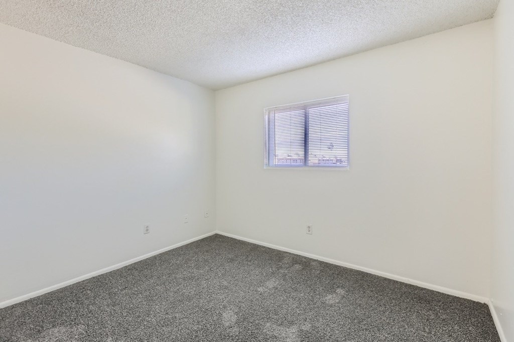 A room with a window and a grey carpet.