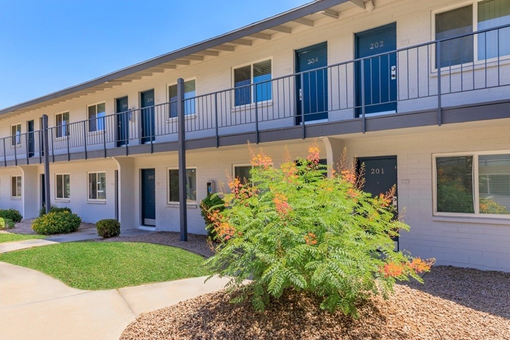 A building with balconies and a bush with orange flowers in front.