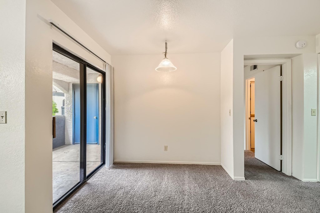 A room with a carpeted floor and a ceiling light.