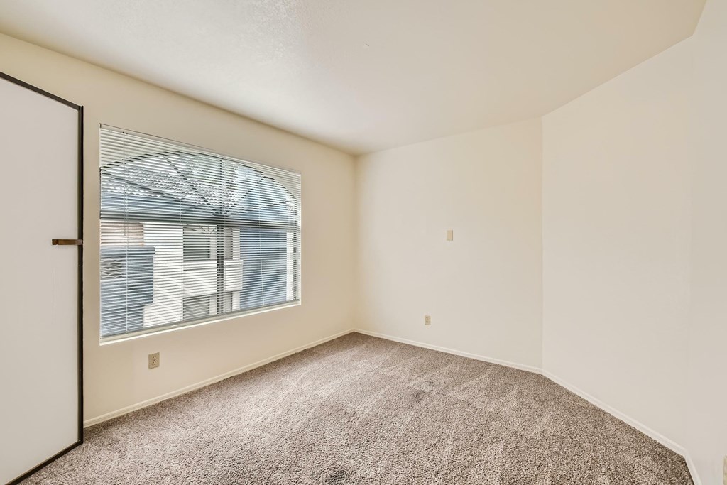 A room with a carpeted floor and a window with blinds.