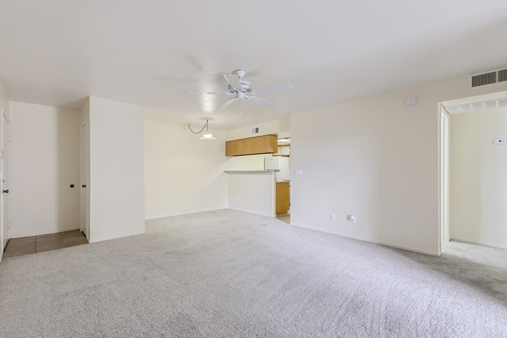 A large, empty room with a carpeted floor and a ceiling fan.