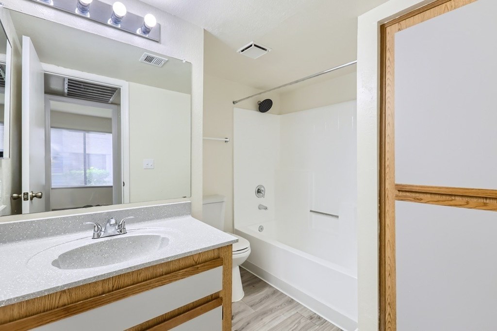 A bathroom with a sink, mirror, and toilet.