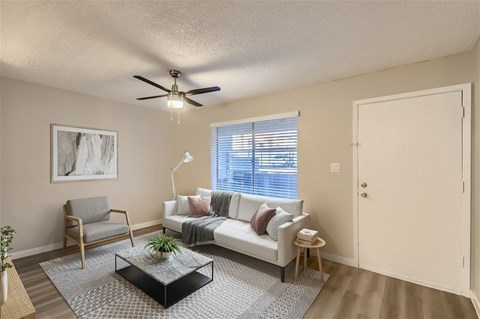 A living room with a couch, chair, and a plant on the coffee table.