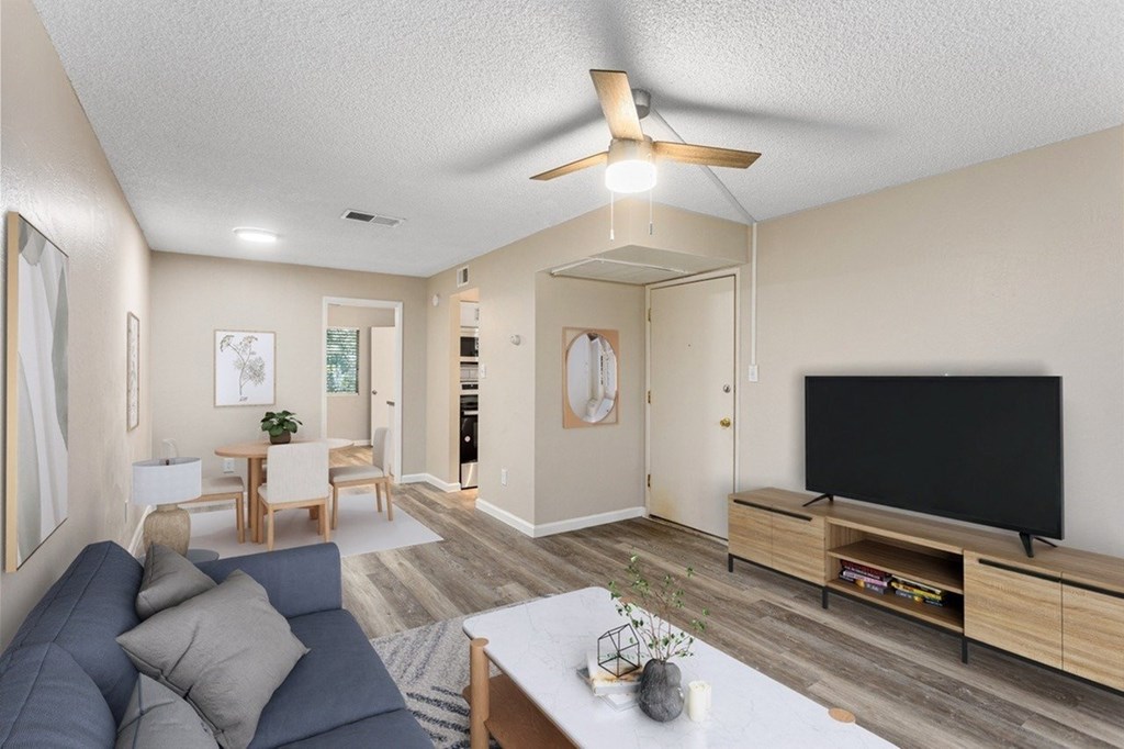 A living room with a grey couch and a black television.