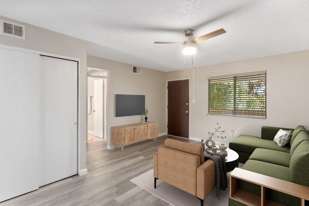 A living room with a green couch and a television.