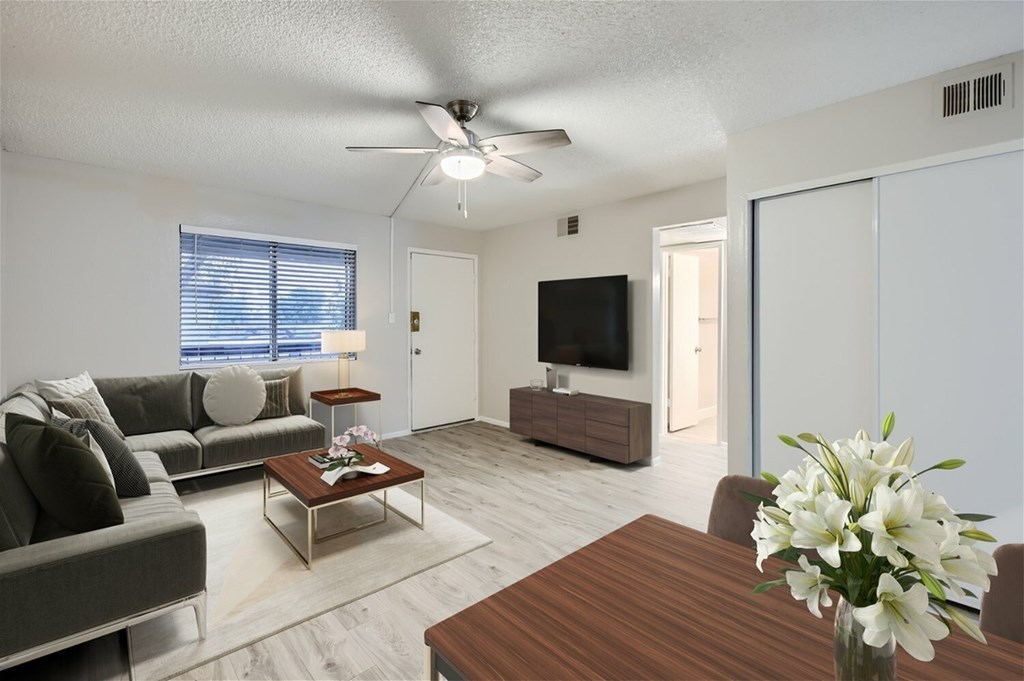 A living room with a grey couch, a wooden coffee table, and a flat screen TV.