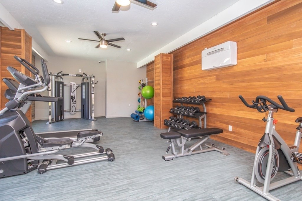 A well-equipped gym with a variety of exercise machines.