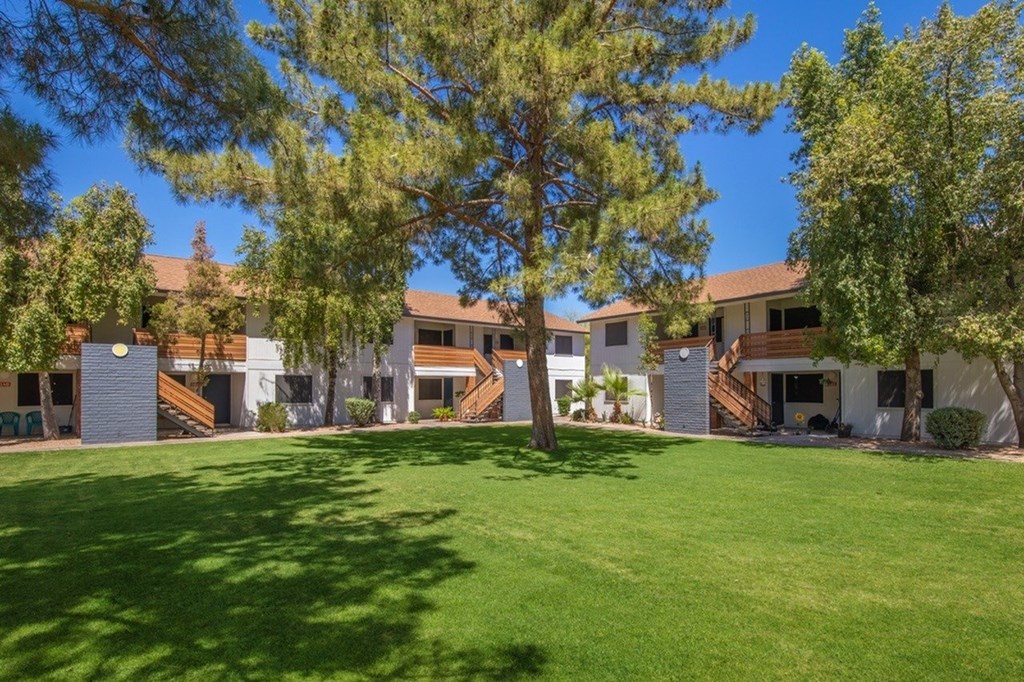 A large tree in the middle of a grassy area in front of a building.