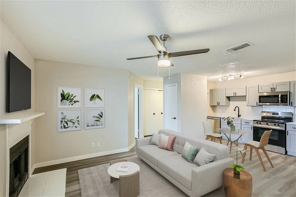 A living room with a couch, a fireplace, and a television.