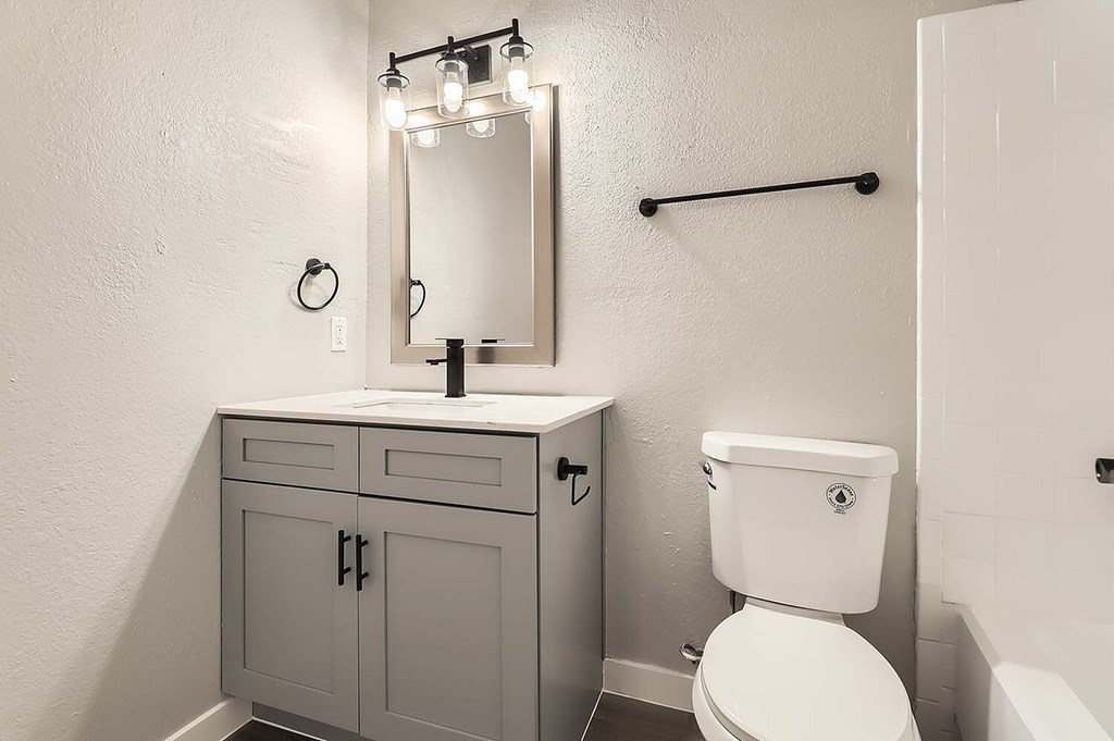 A white toilet sits next to a mirror in a bathroom.