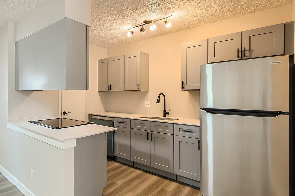 A kitchen with a black fridge and a black counter top.