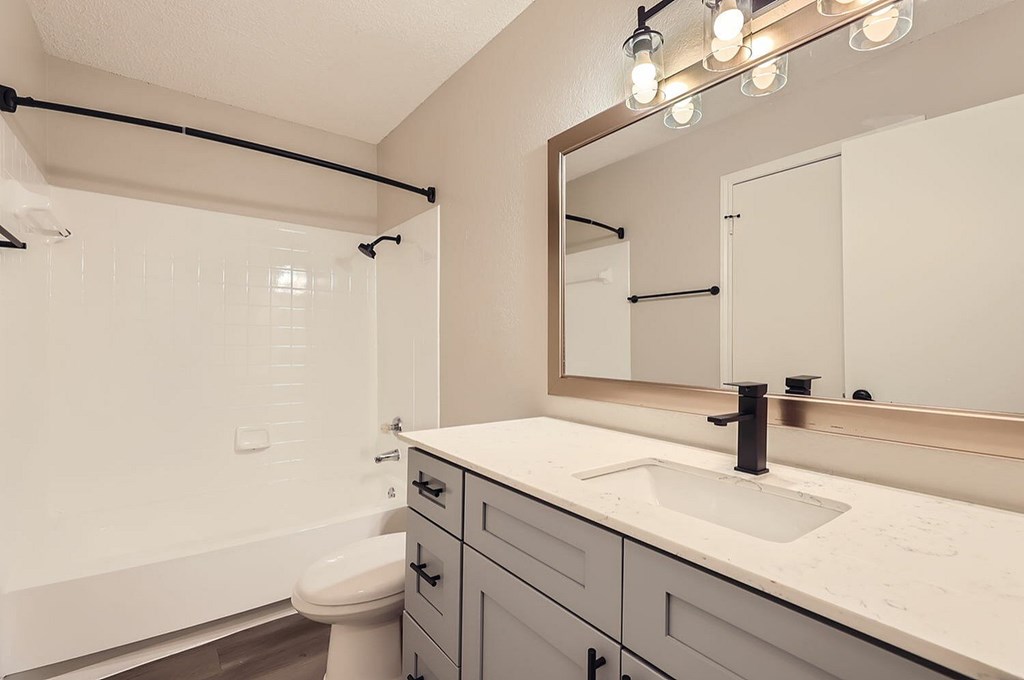 A bathroom with a white sink and a mirror.