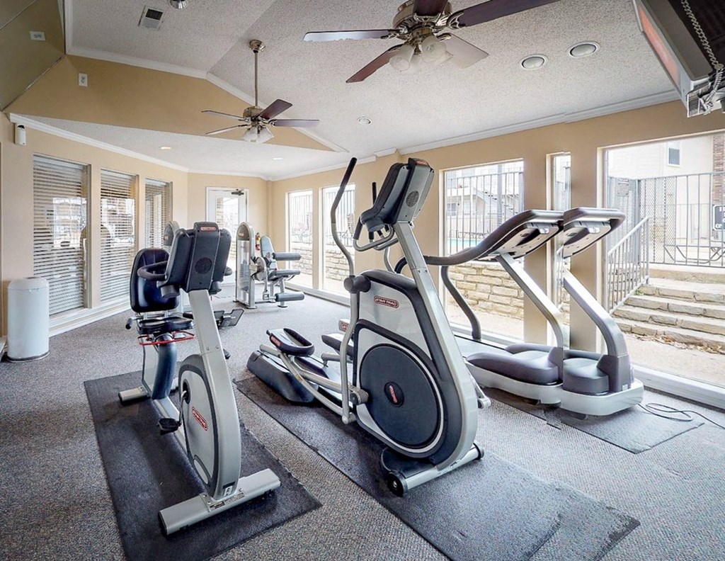 A home gym with a variety of exercise equipment including a stationary bike, a rowing machine, and a treadmill.