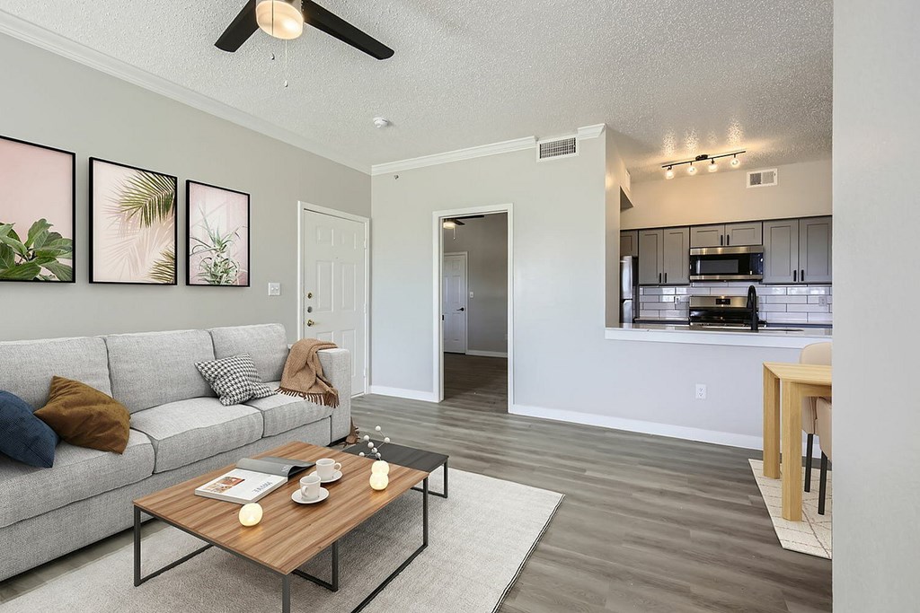 A living room with a grey couch and a coffee table.
