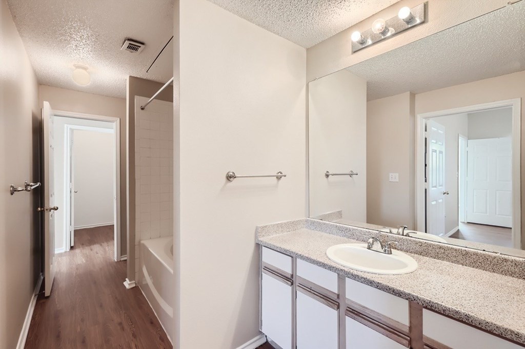 A bathroom with a sink, mirror, and bathtub.