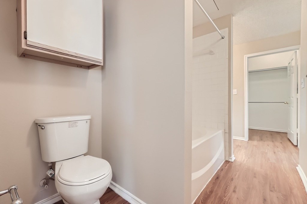 A white toilet in a small room with wood flooring.