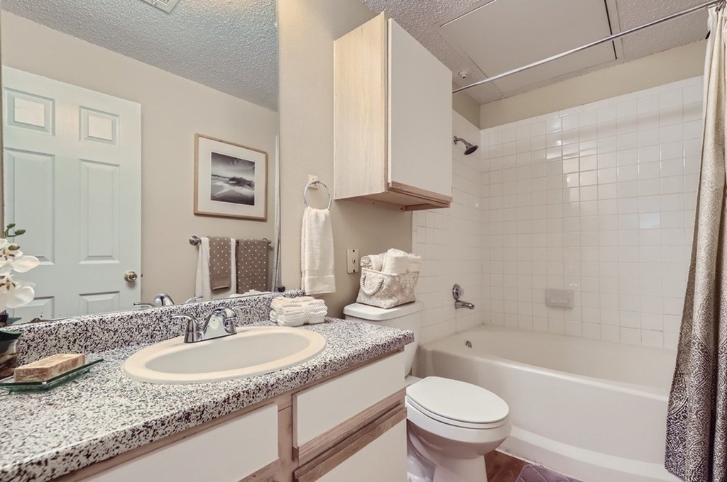 A bathroom with a granite countertop and a white toilet.