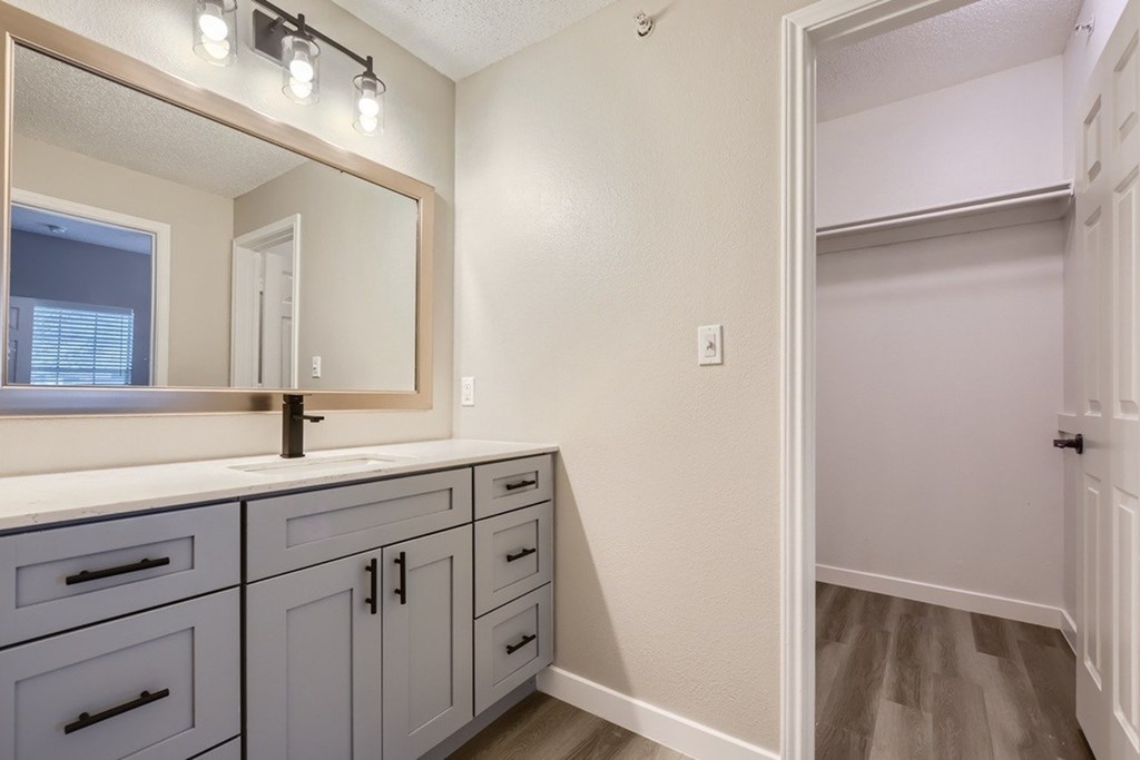 A bathroom with a vanity and a mirror.