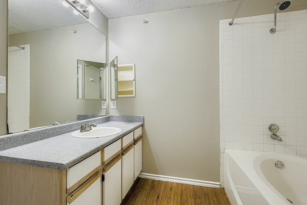 A bathroom with a sink, mirror, and bathtub.