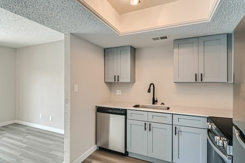 A kitchen with white cabinets and a black sink.