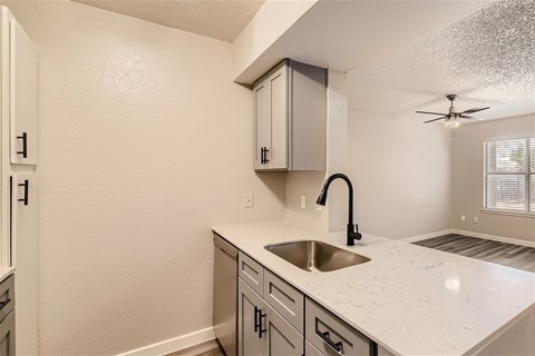A kitchen with a sink and a fan.
