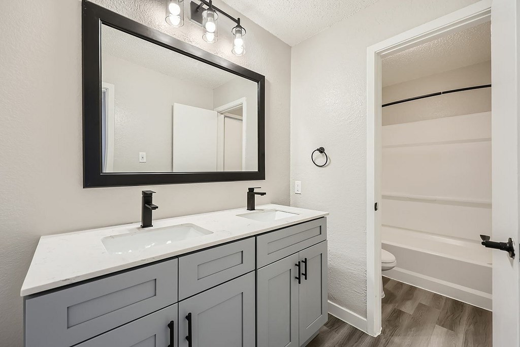 A bathroom with a white countertop and a large mirror above it.