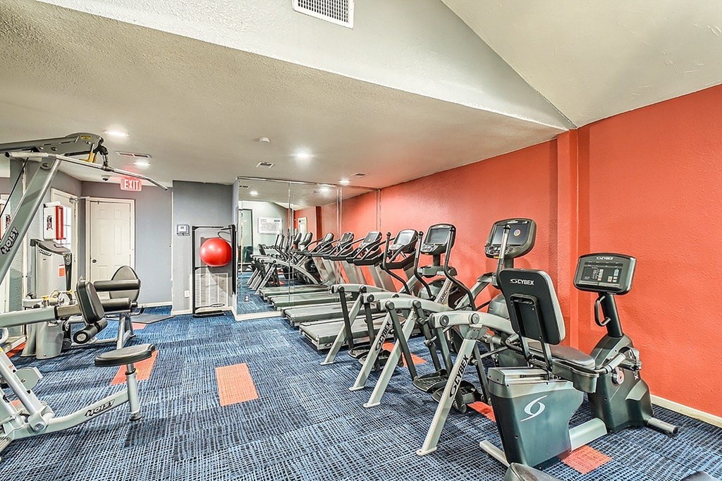 A gym with a variety of equipment including treadmills, stationary bikes, and weight machines.