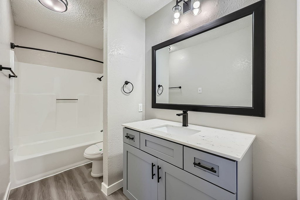 A bathroom with a white sink and a large mirror.