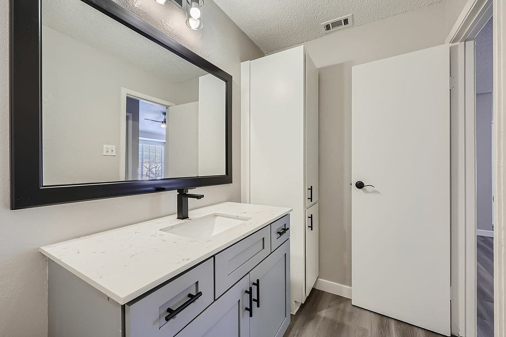 A bathroom with a sink, mirror, and cabinets.