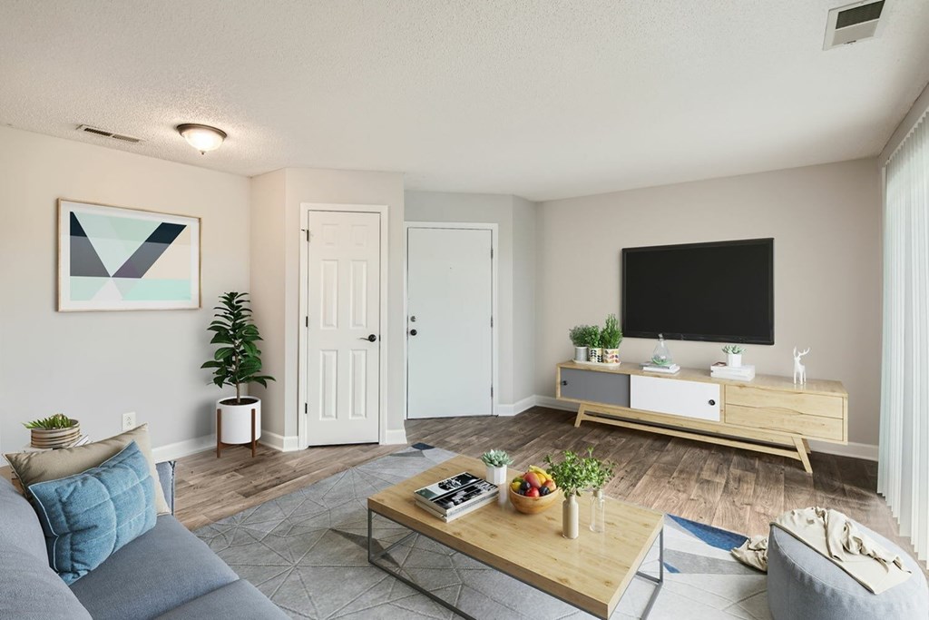 A living room with a grey couch, a wooden coffee table, and a flat screen TV on a cabinet.