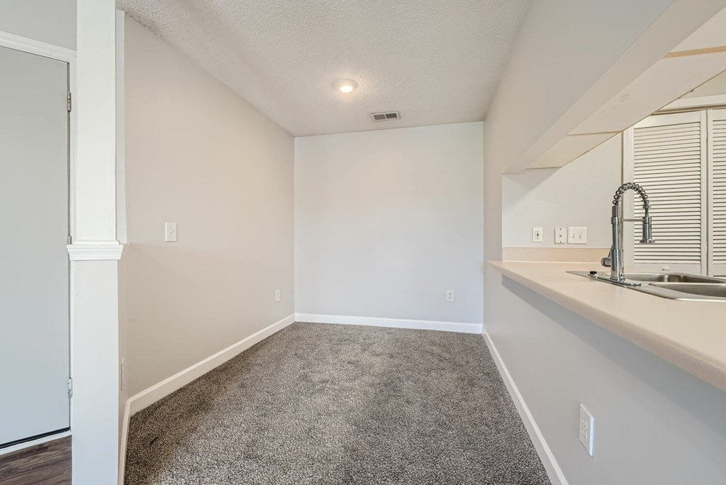 A room with a sink and a carpeted floor.