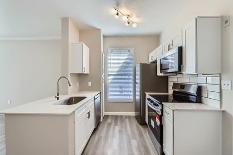 A kitchen with a sink, stove, and oven.