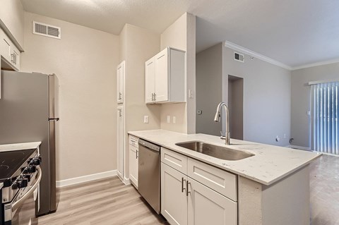 A kitchen with a stove, sink, and cabinets.