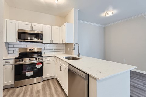 A kitchen with a stove, sink, and cabinets.