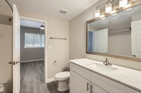 A bathroom with a toilet, sink, and mirror.