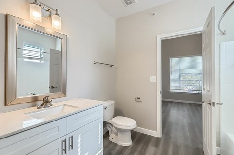 A bathroom with a toilet, sink, and mirror.