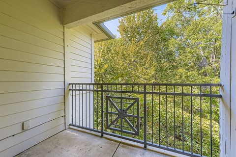 A balcony with a metal railing and a view of trees.