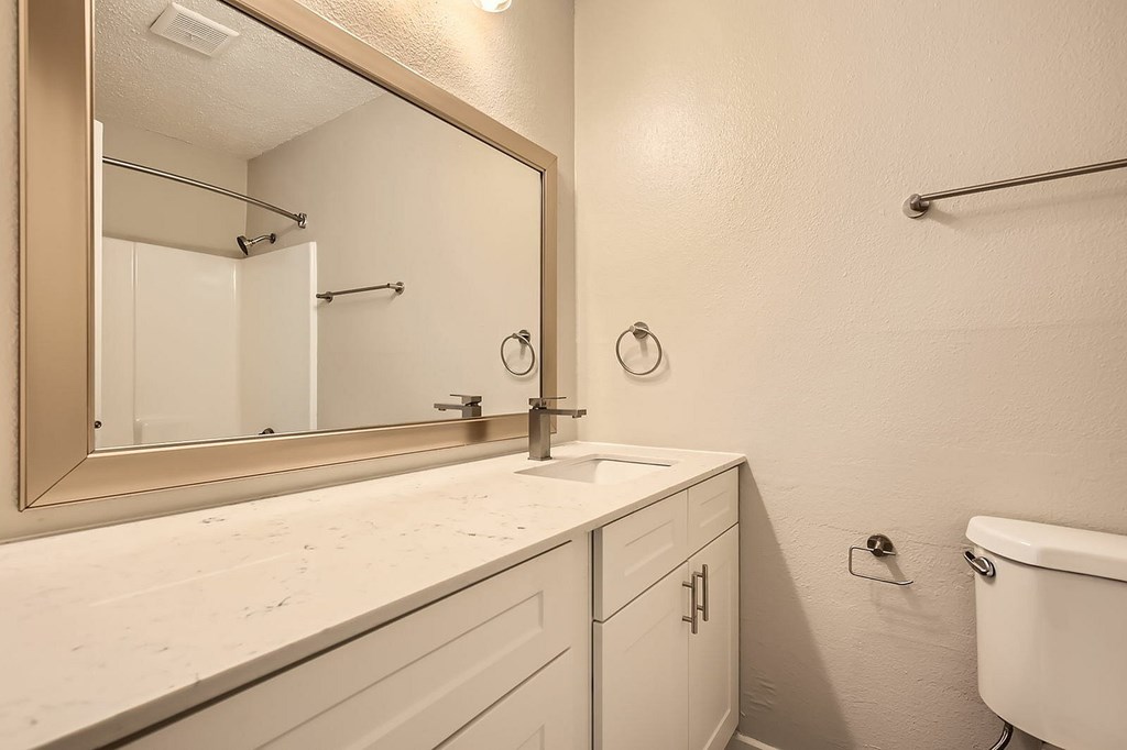 A bathroom with a white counter top and a mirror above it.